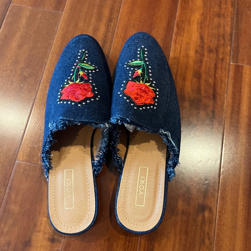 Denim Mule Shoes Rose Embroidered Studs Yoki Willas-71 Dark Blue New Size 9 - Picture 6 of 9